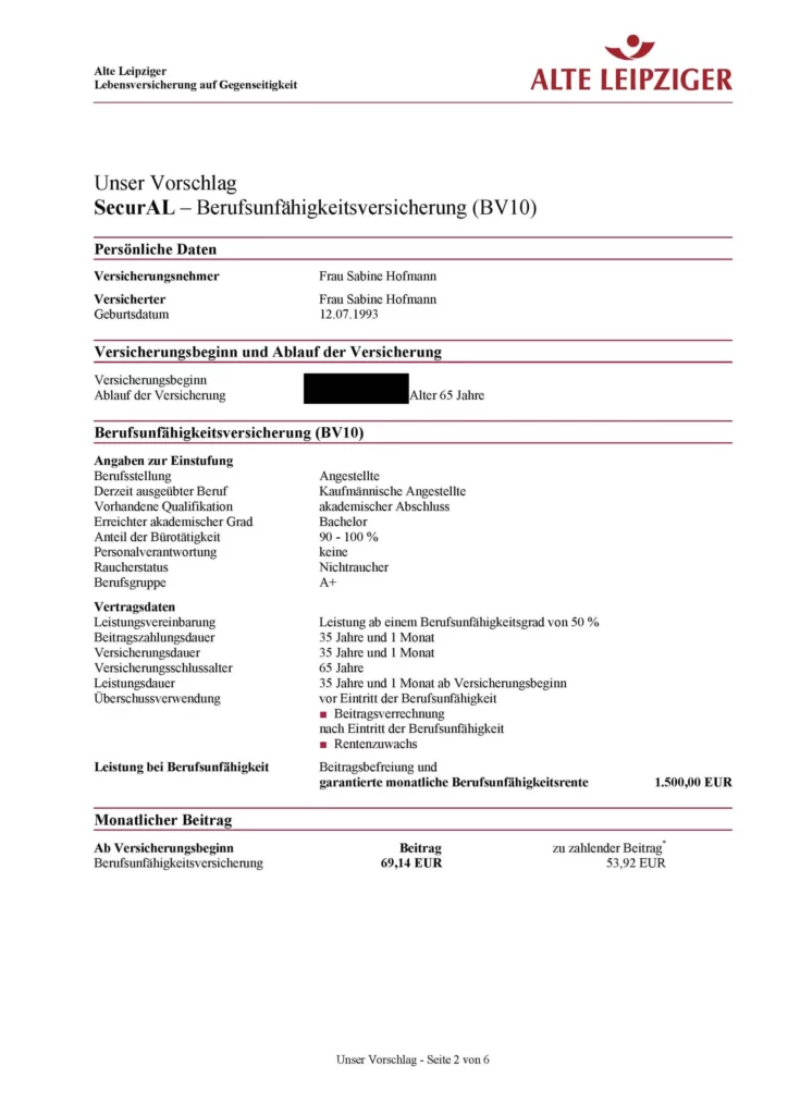 Alte Leipziger Berufsunfähigkeitsversicherung berechnen Alte Leipziger Berufsunfähigkeitsversicherung berechnen - Beispiel-Berechnung